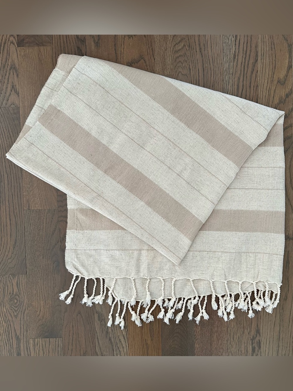 Vintage Turkish Oblong Cotton Linen Striped Fringe Towel / Wrap Cream, Tan